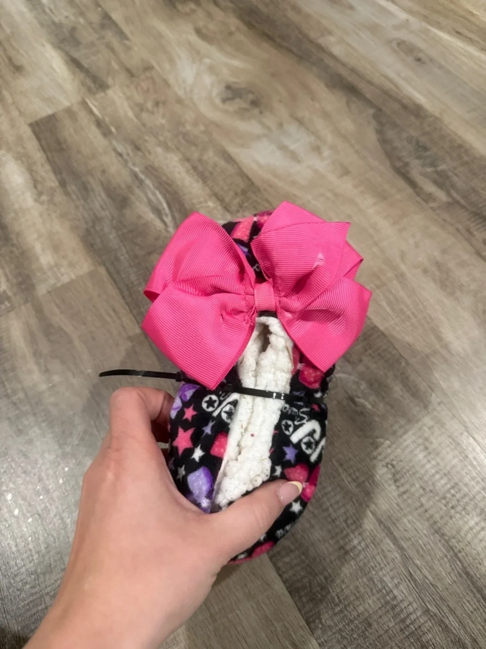 Pink Bow Plush Baby Slipper with Heart & Star Print no size- Jojo Siwa